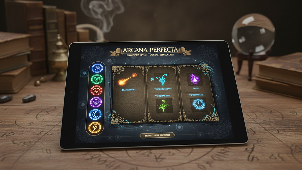 Eye-level view of a tablet displaying a digital spellbook with colorful icons