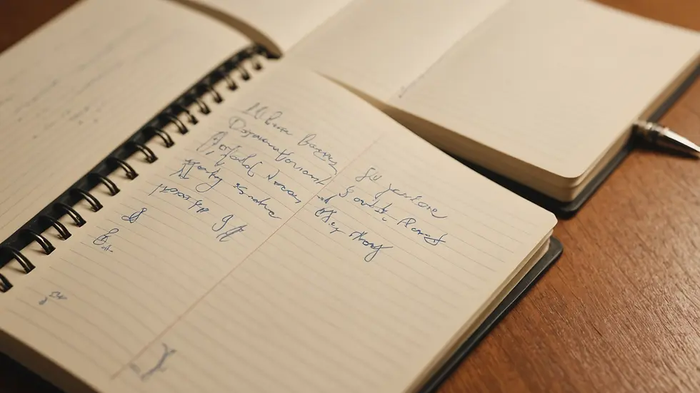 Close-up view of a notebook filled with handwritten notes