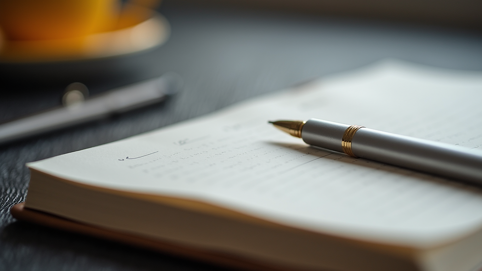 Close-up view of a neatly organized journal and pen