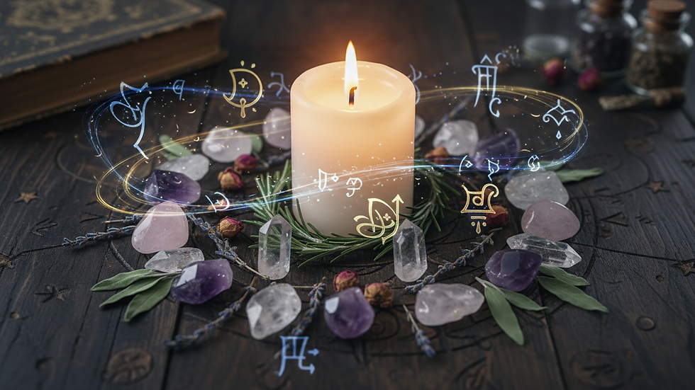 High angle view of a glowing candle surrounded by crystals and herbs