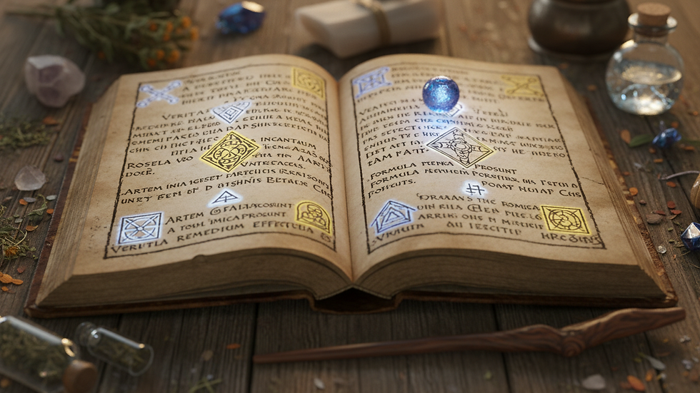 Close-up view of an open spellbook with handwritten magical symbols