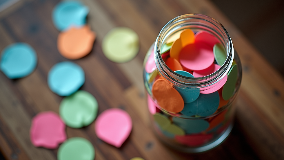 High angle view of a gratitude jar filled with colorful notes