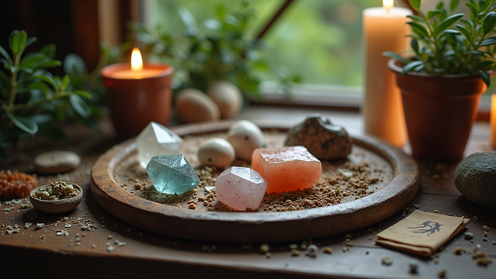 Eye-level view of a small altar with crystals and herbs
