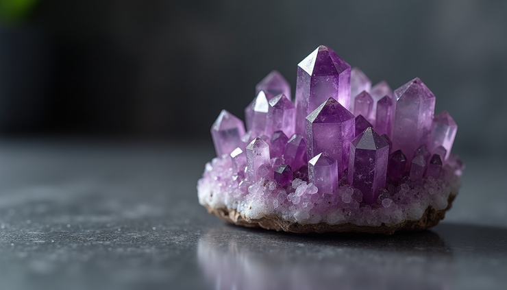 Close-up view of a polished amethyst crystal cluster on a dark surface