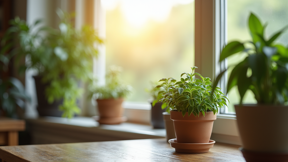 Close-up view of indoor plants placed near a window with sunlight