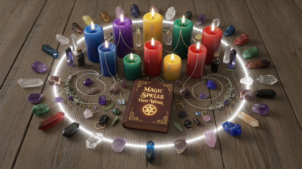 Close-up of colorful candles and crystals arranged on a wooden table