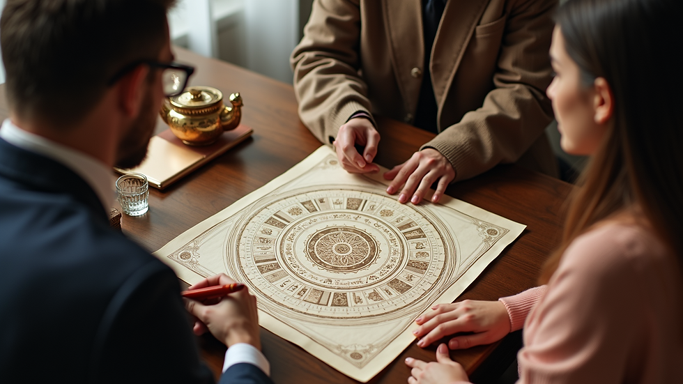 High angle view of a couple consulting an astrologer with kundali charts on the table