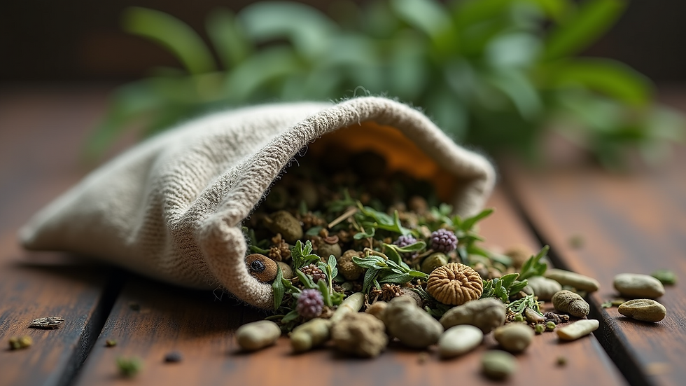 Eye-level view of a small pouch filled with herbs on a wooden surface