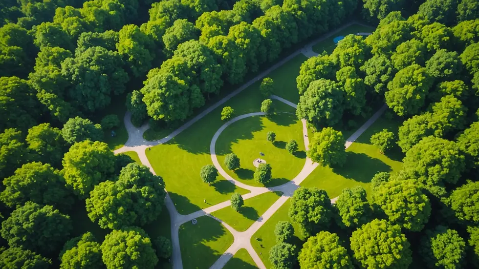 High angle view of a park surrounded by trees