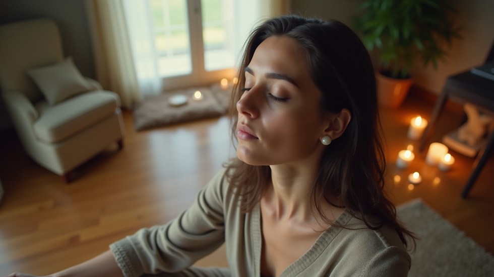 High angle view of a person meditating with eyes closed in a peaceful room