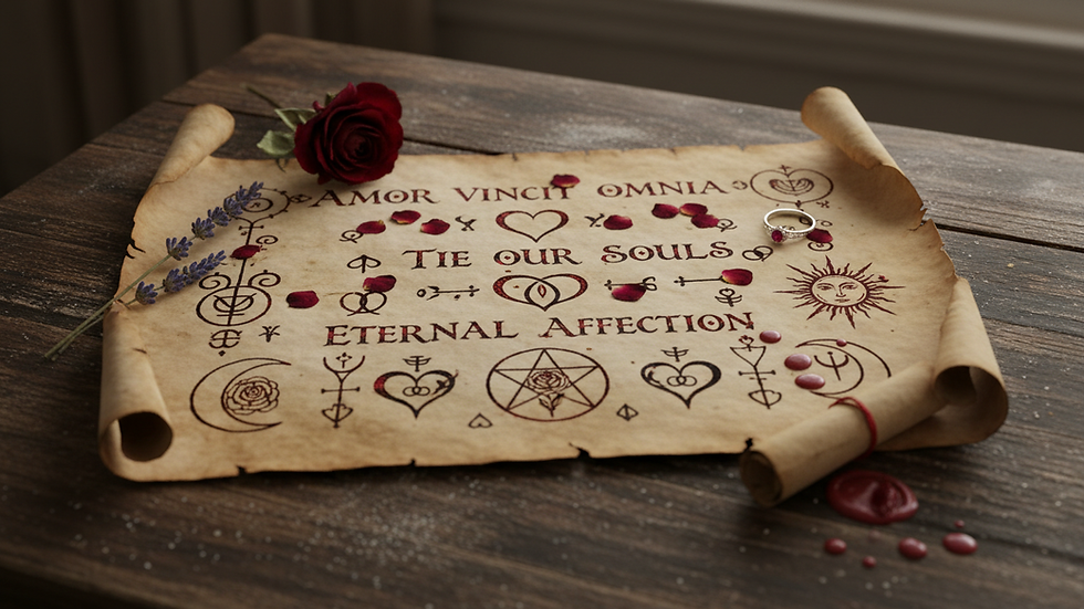 Close-up view of a handwritten love spell on parchment paper