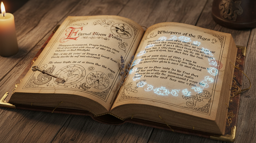 Close-up view of an open ancient spellbook with handwritten notes