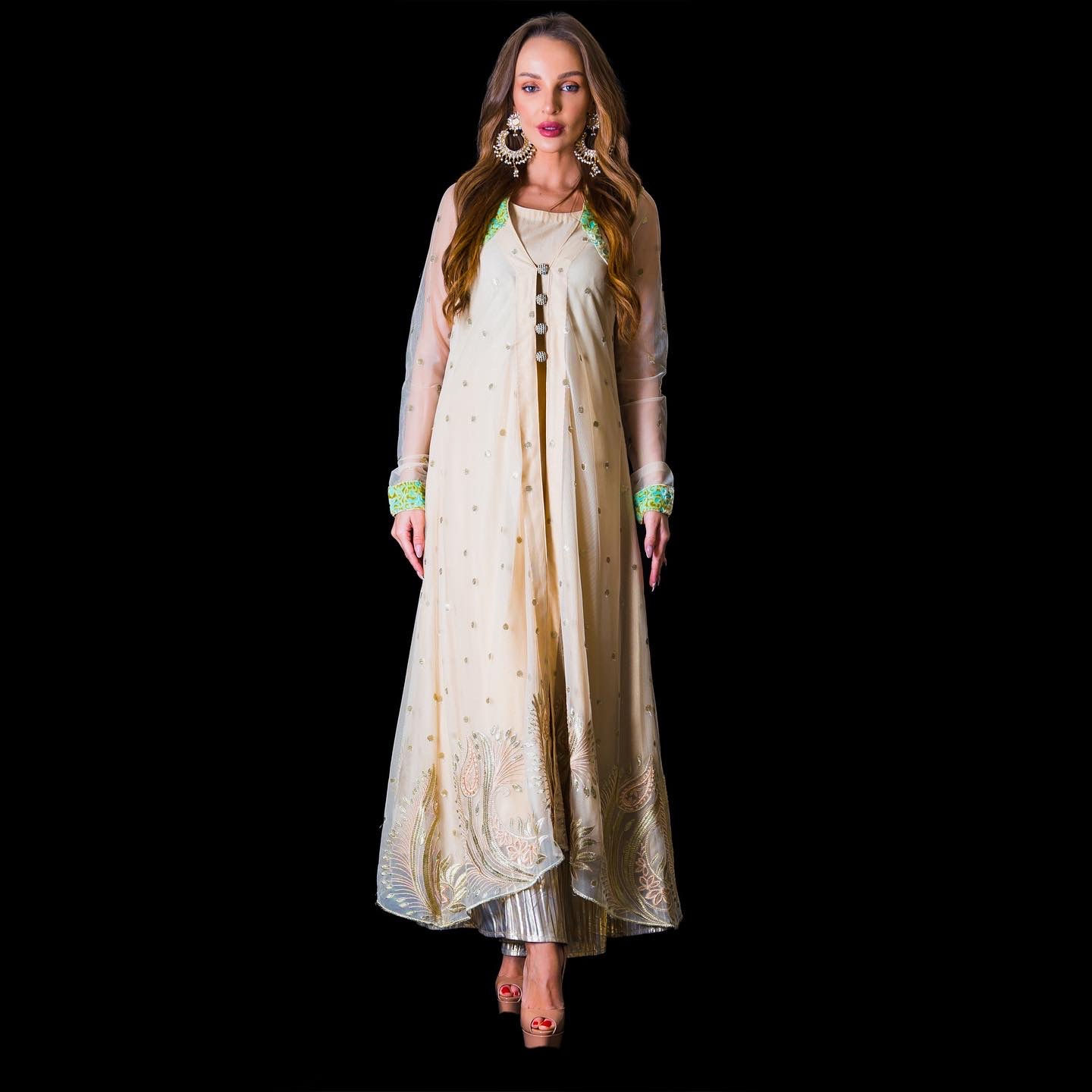 Stunning Beige/Gold embroidered dress with a hint of turquoise blue