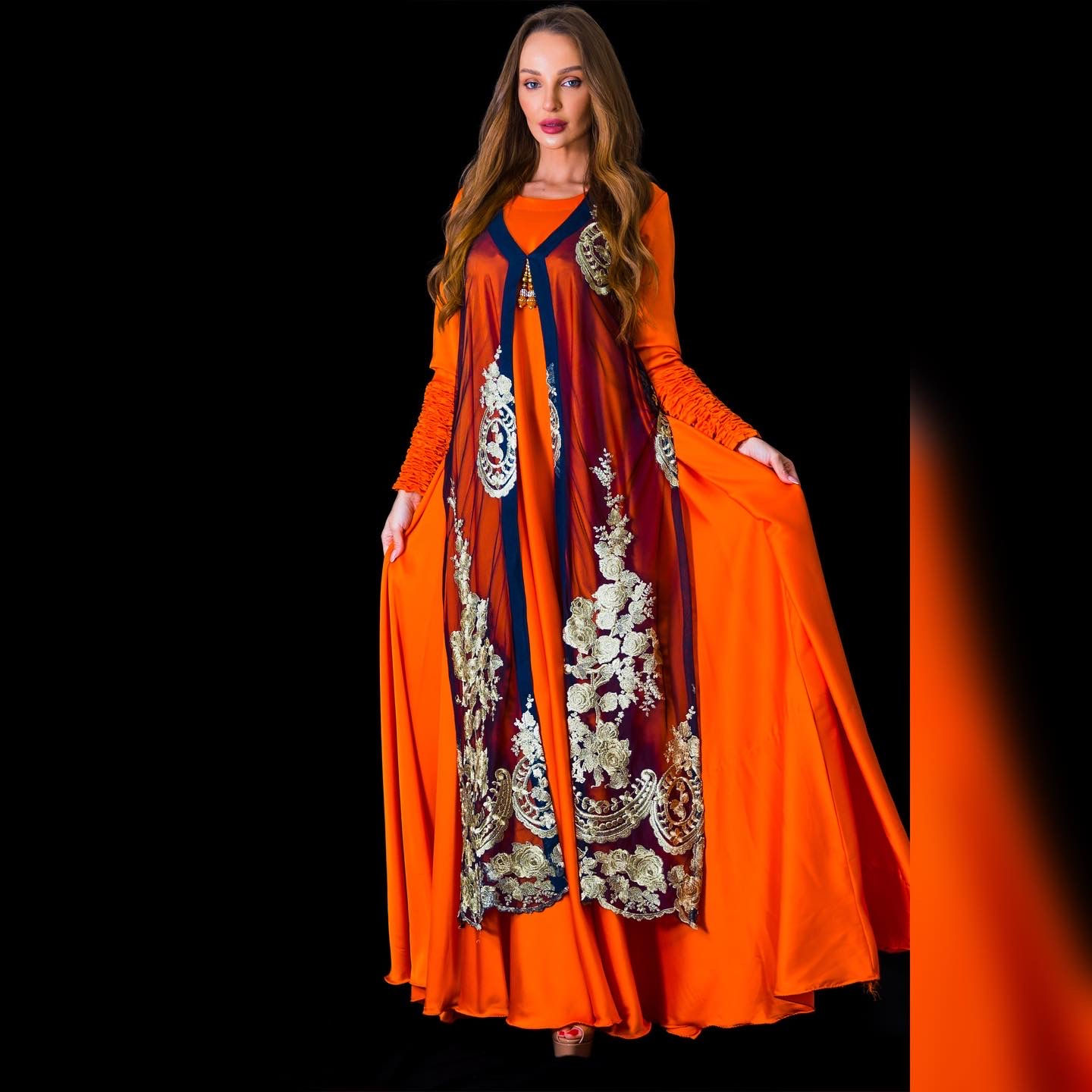Go bright & bold with this floor-sweeping maxi dress in silk & net cape