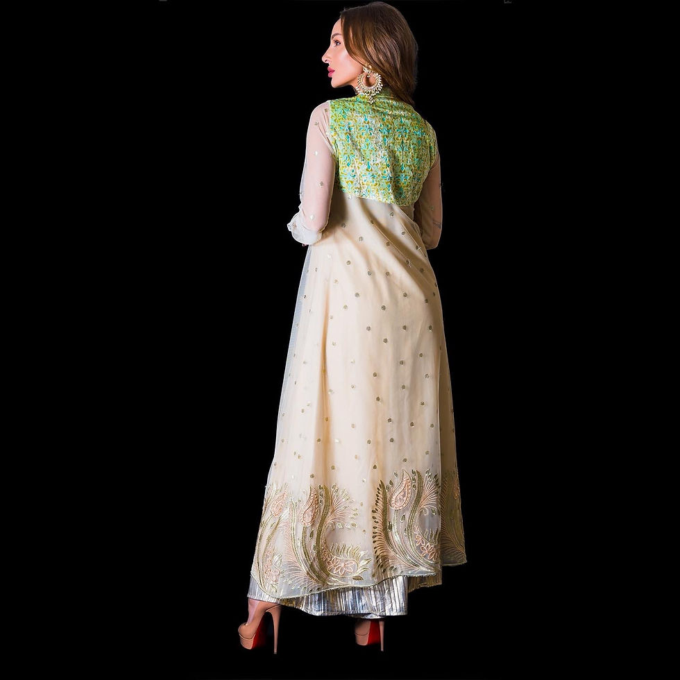 Thumbnail: Stunning Beige/Gold embroidered dress with a hint of turquoise blue
