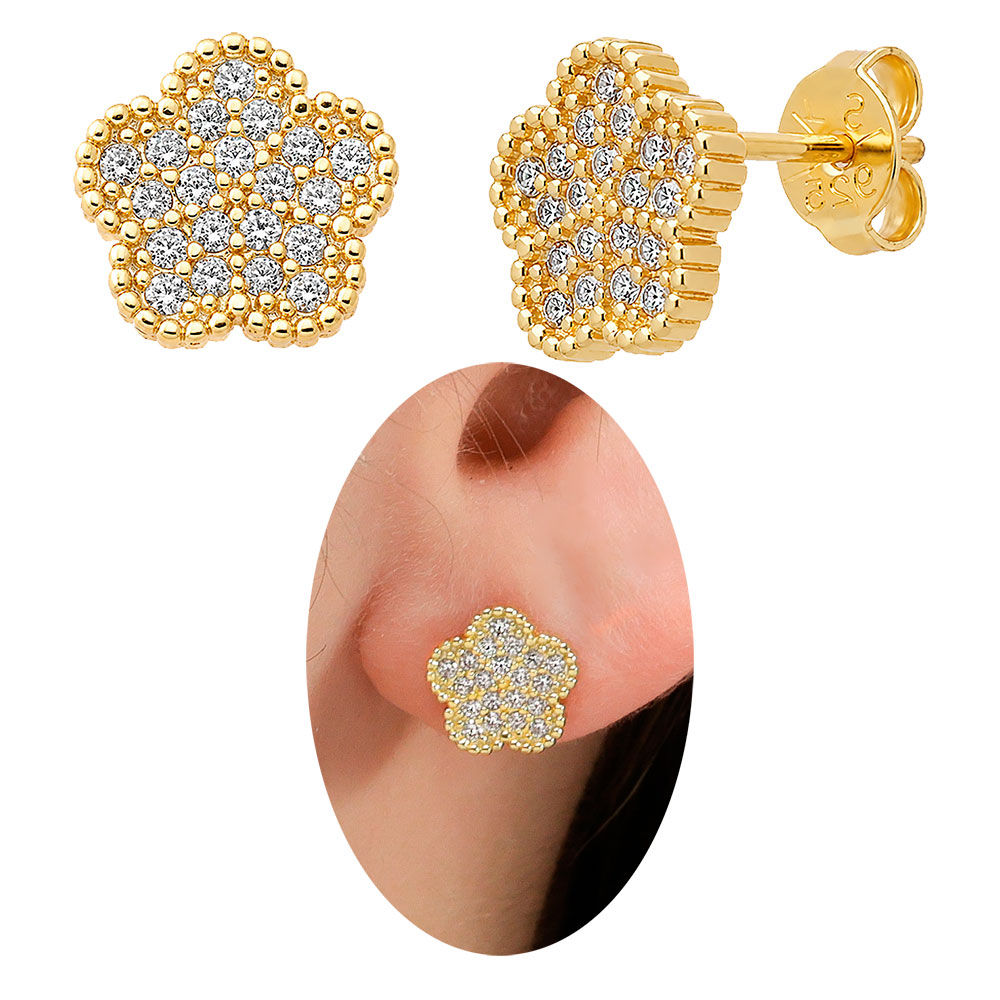 Brinco Flor Folheado em Ouro com Micro-Zircônias