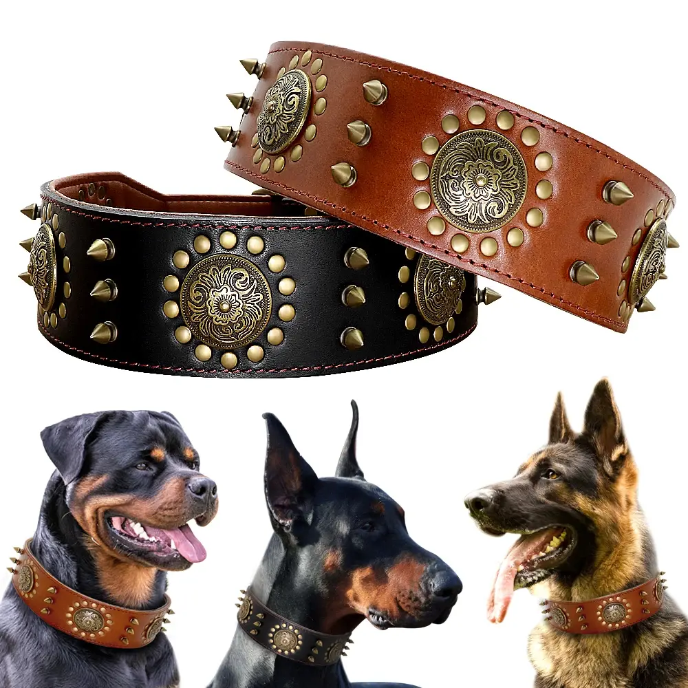Leather Large Dog Collar Spiked Studded Collars for Medium Large Big Dogs