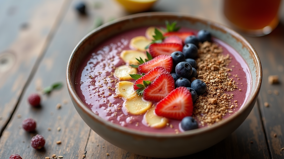 High angle view of a smoothie bowl topped with honey drizzle and fresh fruit