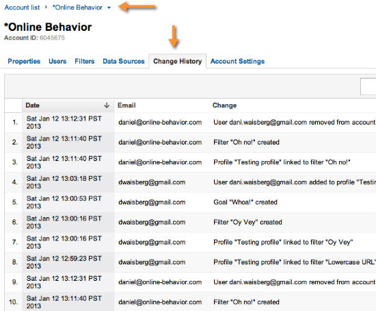 Google Analytics Change History table