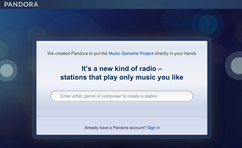 Pandora radio landing page