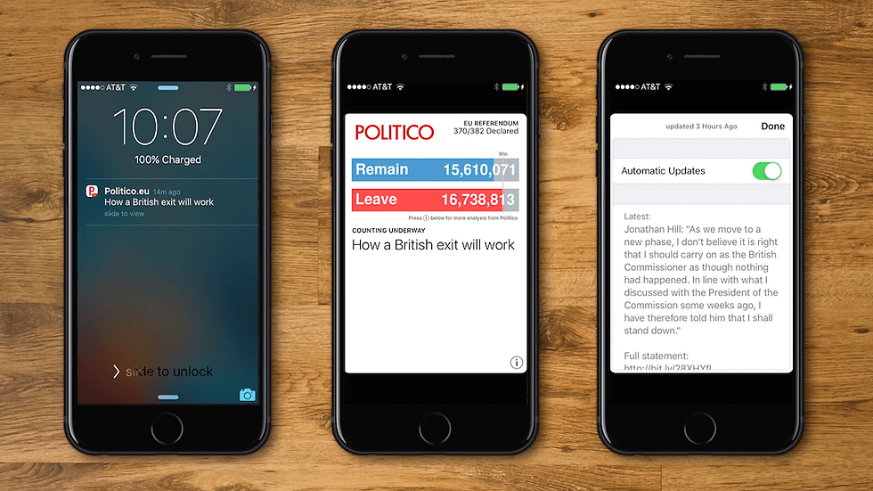 Screens from Urban Airship/Politico Europe's Brexit updates wallet card.