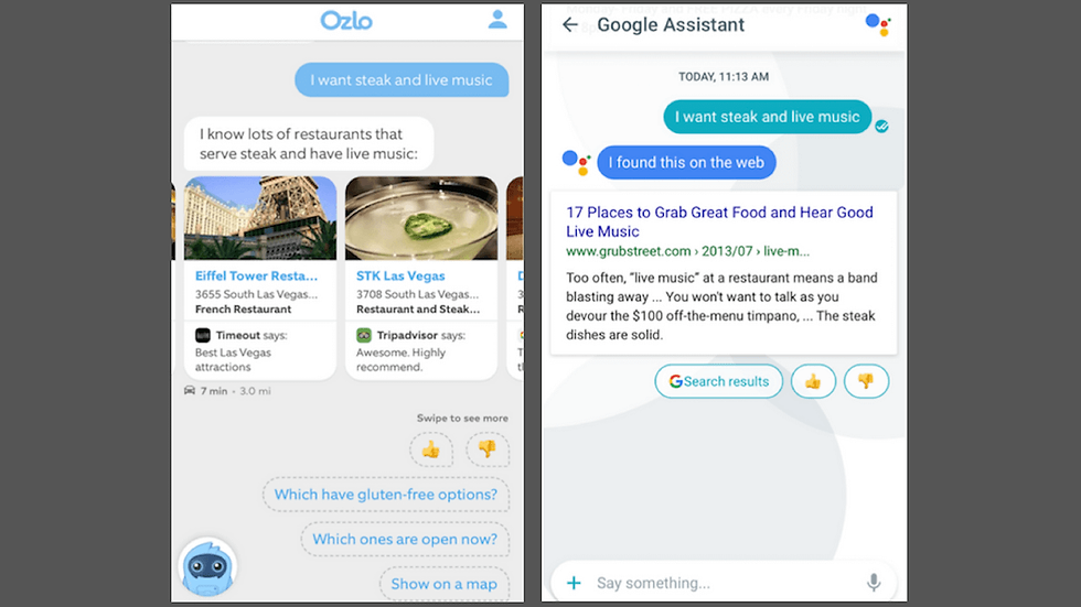 Comparative searches on Ozlo and Google Assistant.
