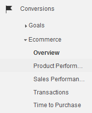 The Ecommerce Report menu in Google Analytics.