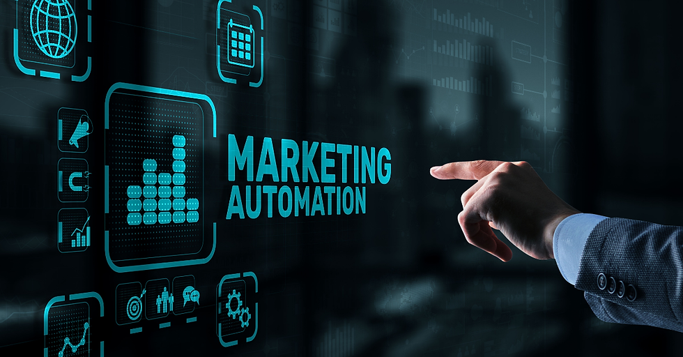 Hand pointing at a digital screen with icons and text "Marketing Automation" in blue. Dark background with tech-themed elements.