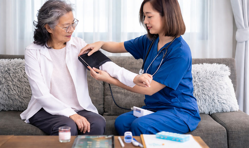 Eye-level view of a cozy home care setup with a comfortable chair and a small table