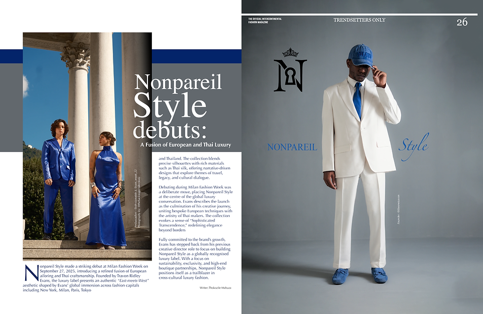 Fashion spread with three models in blue and white outfits. Text reads "Nonpareil Style debuts" against columns and gray backdrop.