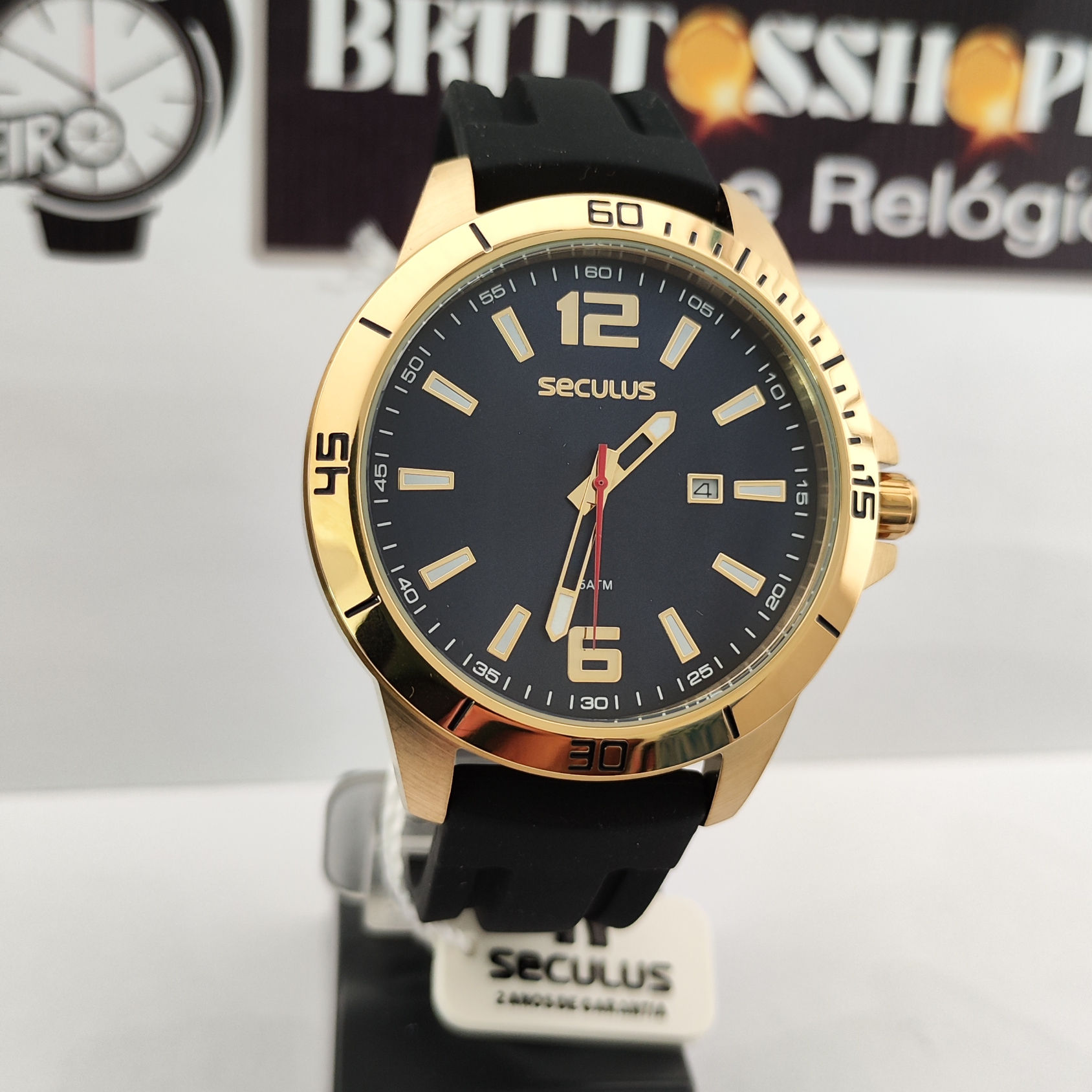 Relógio SECULUS Masculino, Calendário, Visor Azul Aço Folheado Pulseira Silicone
