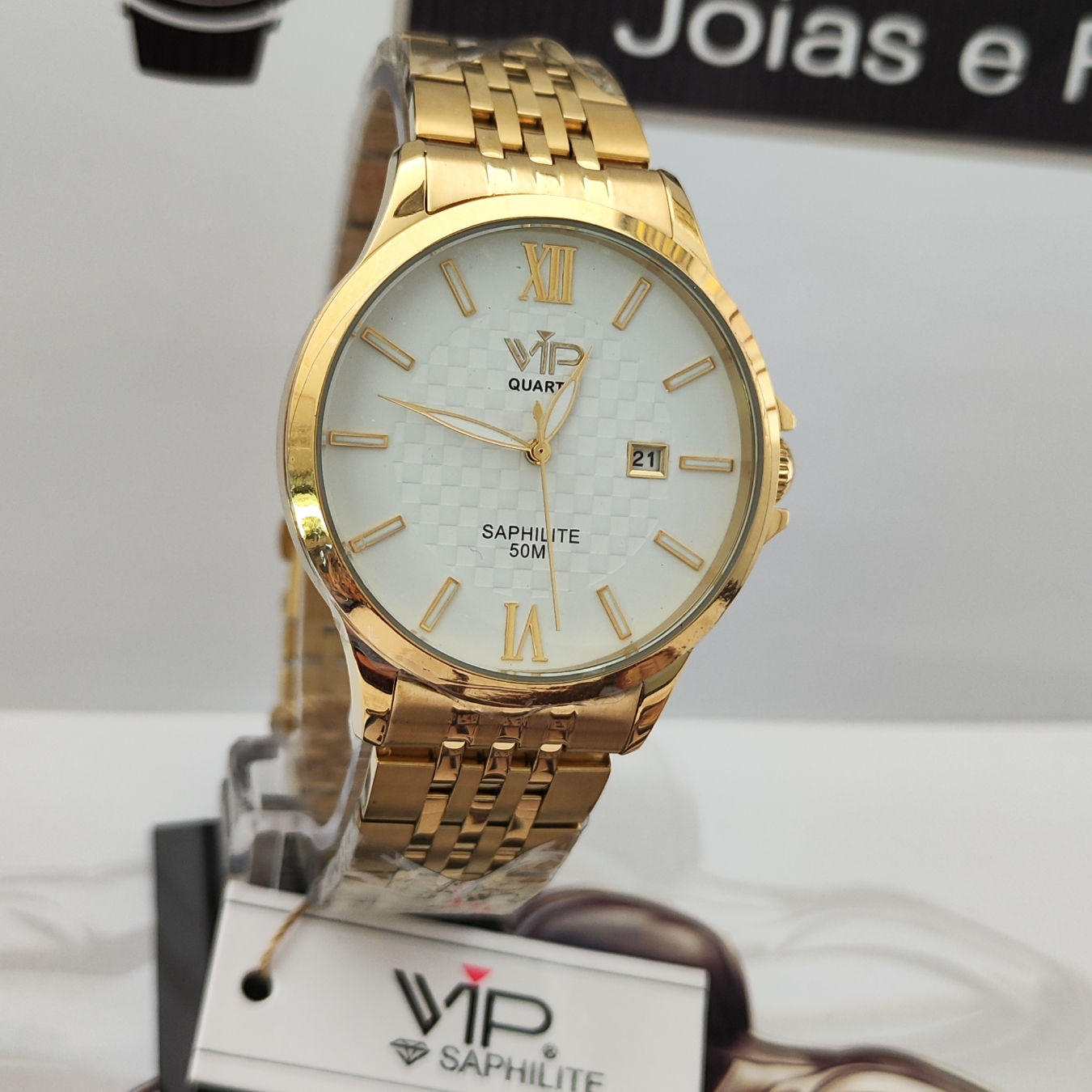 Relógio De Pulso VIP SAPHILITE, Quartz, Todo em Aço Inox Dourado, Unissex