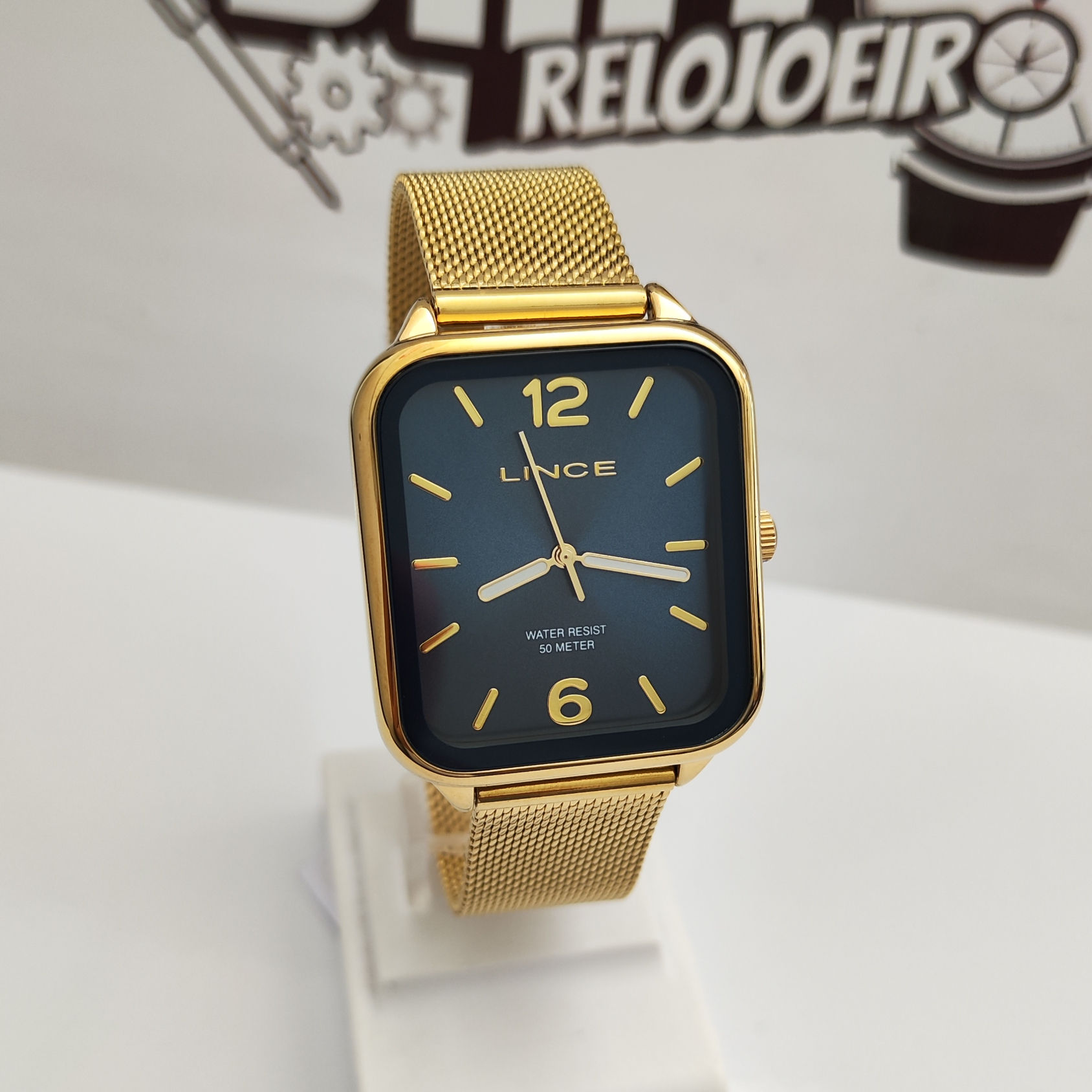 Relógio Feminino Lince Dourado Mostrador Azul Quadrado Minimalista