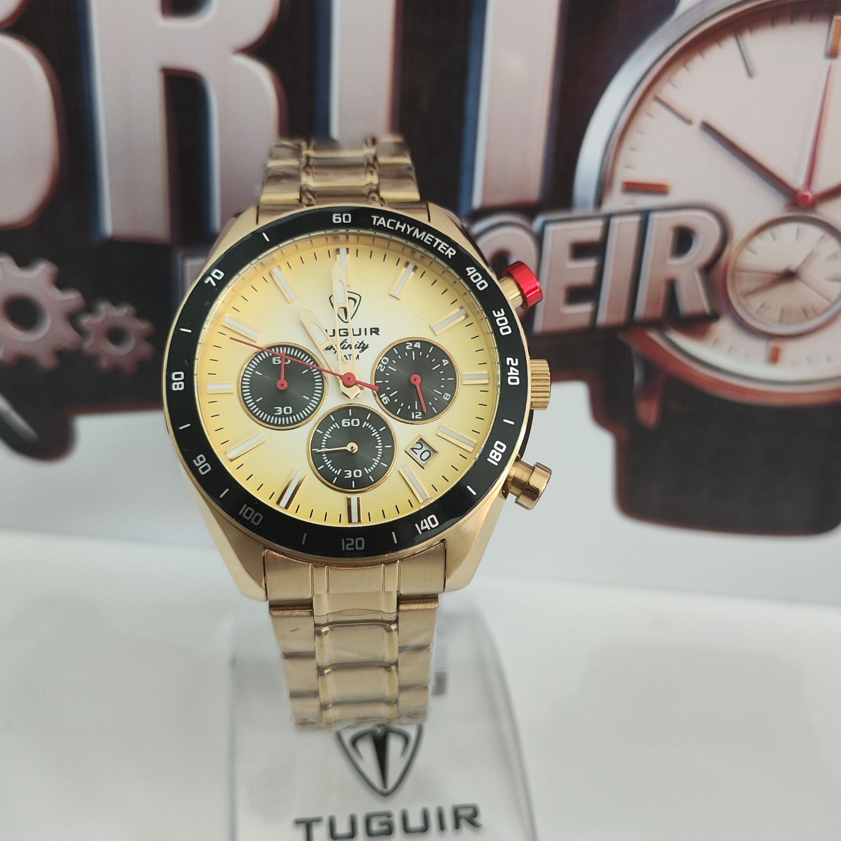 Relógio Cronógrafo Masculino Aço, Folheado, Dourado, TUGUIR Analógico
