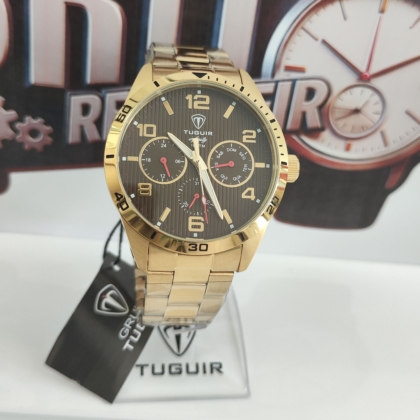 Relógio Masculino de Aço MultiFunção Tuguir Analógico Infinity TGI37059 Dourado