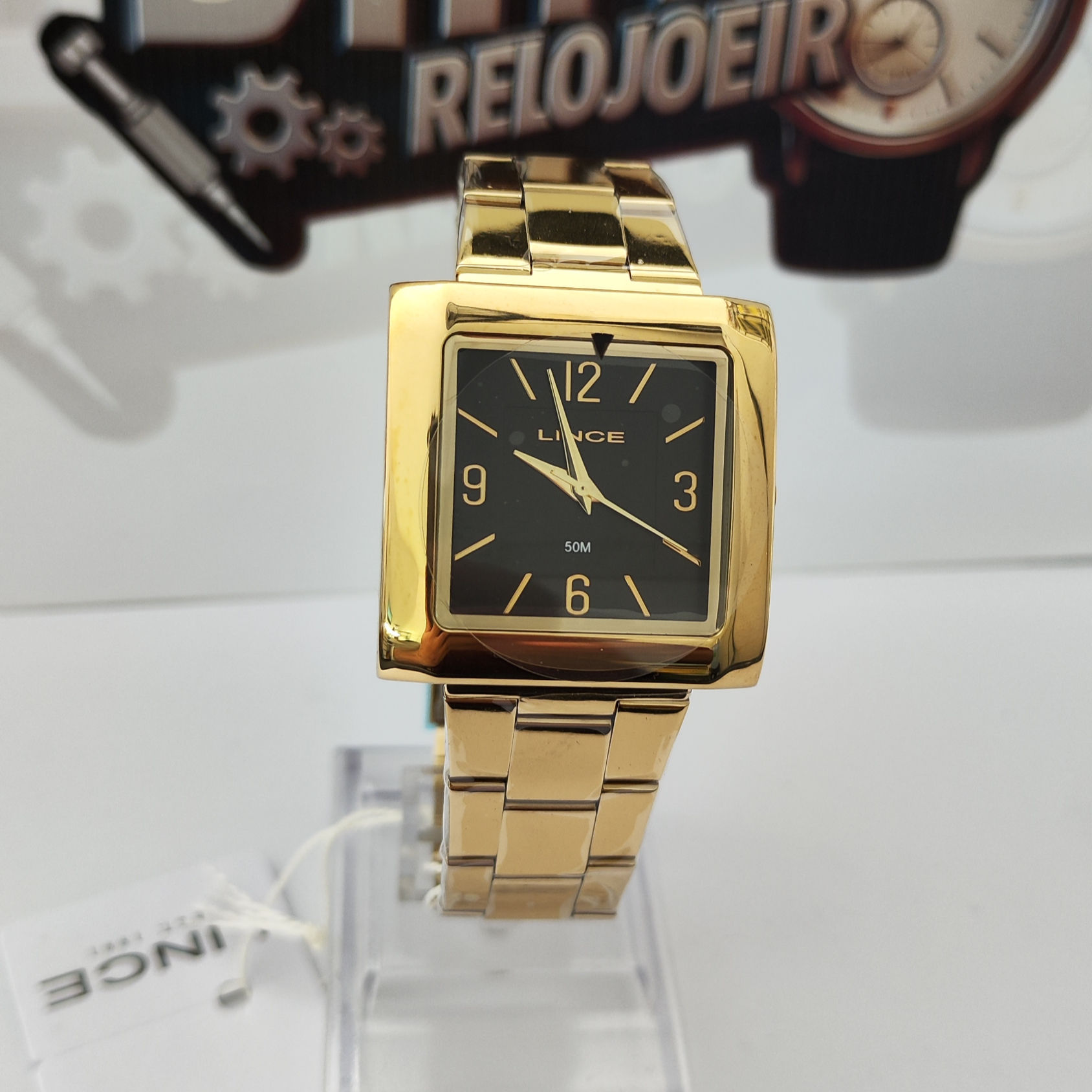 Relógio Lince Feminino dourado quadrado mostrador preto a prova d'água