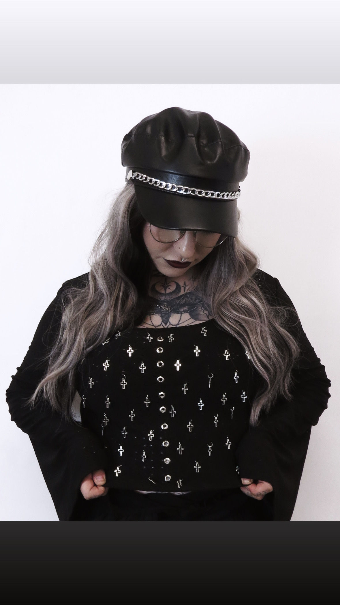 Faux Leather Baker Boy Silver Chain Hat