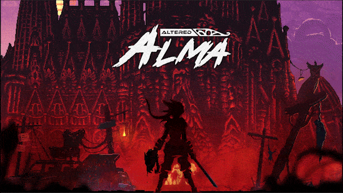 Silhouette of a character with a sword stands against a fiery, gothic backdrop. Text reads "Altered Alma." Intense and dramatic mood.