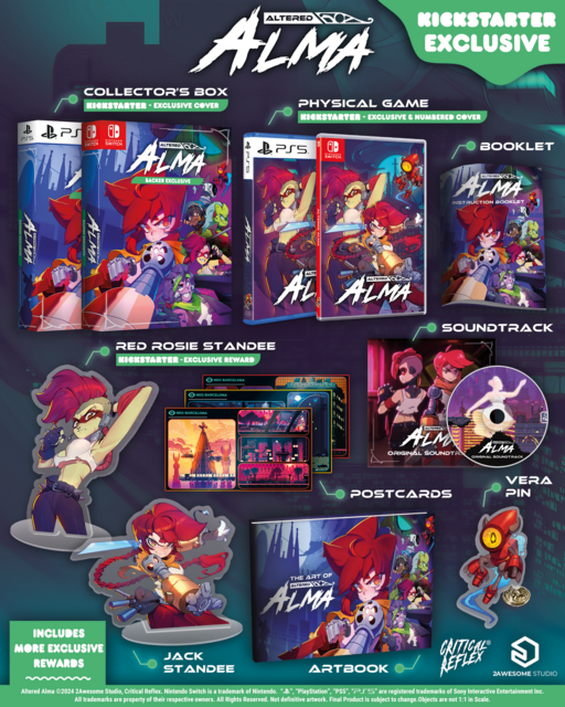 Kickstarter exclusive for "Altered Alma" featuring game boxes, booklet, figures, soundtrack, postcards, artbook, and pin in vibrant colors.
