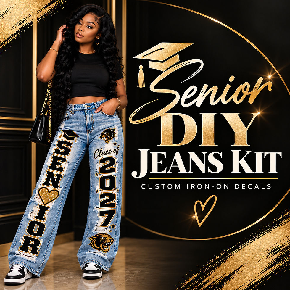 Thumbnail: Senior DIY jeans kit with custom iron on varsity decals for graduation  jeans 