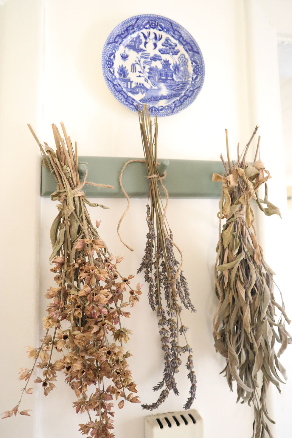 dried herbs hanging on hooks blue china plate