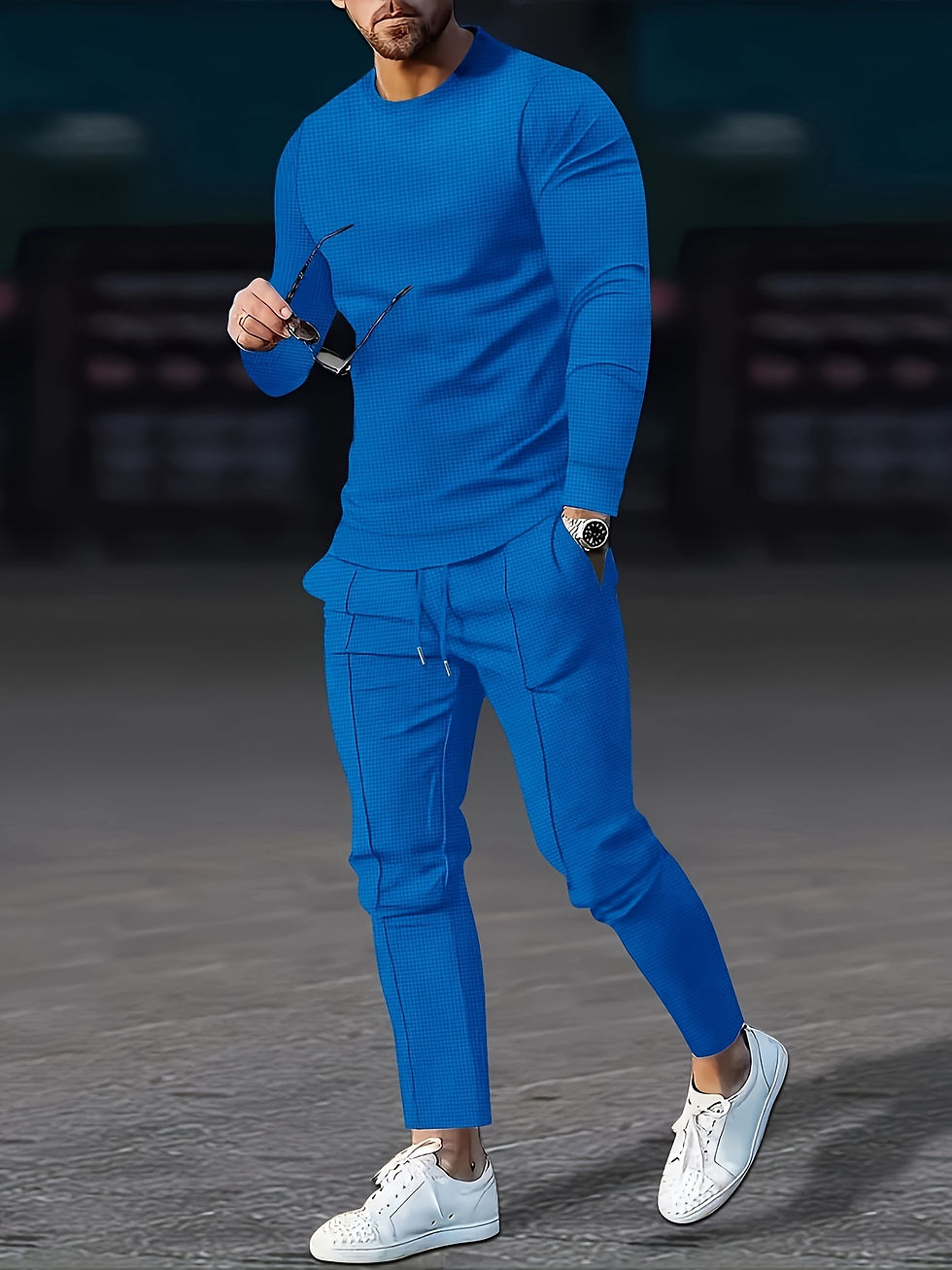 Thumbnail: Waffle Pattern Men's 2Pcs Outfits, Casual Crew Neck Long Sleeve Pullover Sweats
