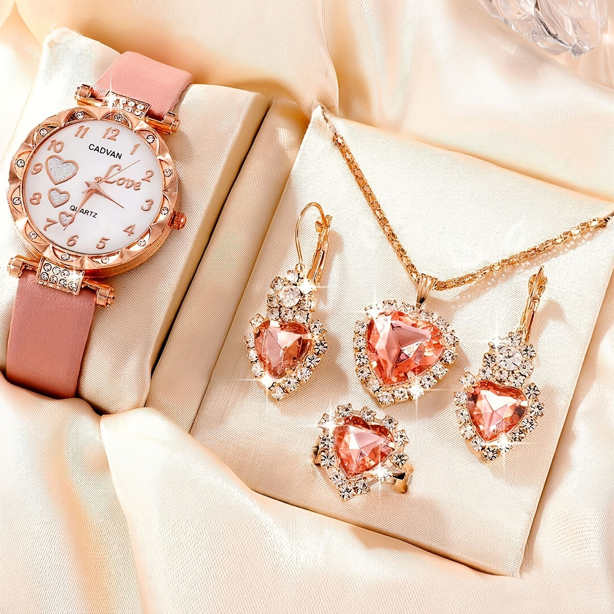 5pcs/set Adorable Heart Womens Watch - Glamorous Rhinestone Quartz Analog Wrist
