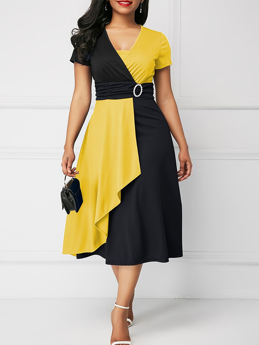 Thumbnail: [Vintage Comfy V Neck Dress] Vintage Comfy Asymmetrical V Neck Dress - Slim Wais