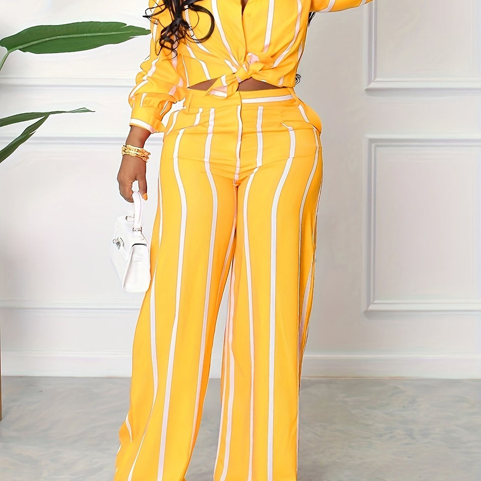 Thumbnail: Striped Print Two-piece Set, Button Front Collar Long Sleeve Shirt & High Waist 