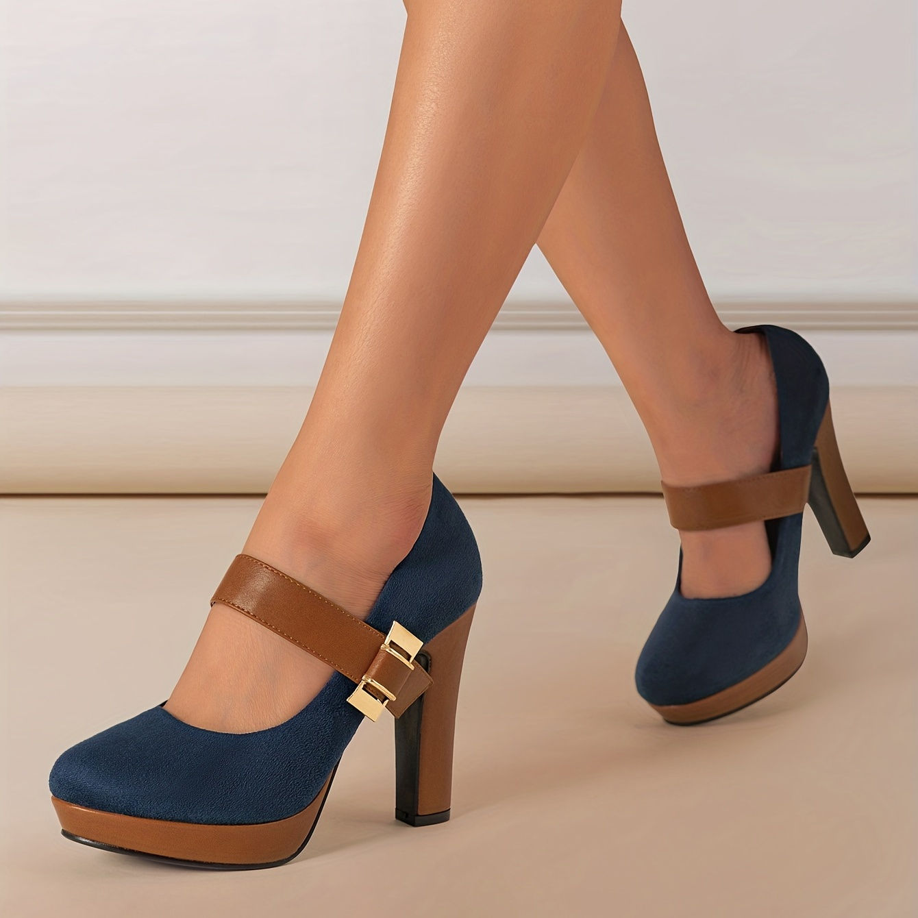 Women's Retro Style Round Toe High Heeled Pumps, Buckle Platform Block Heel Shoe