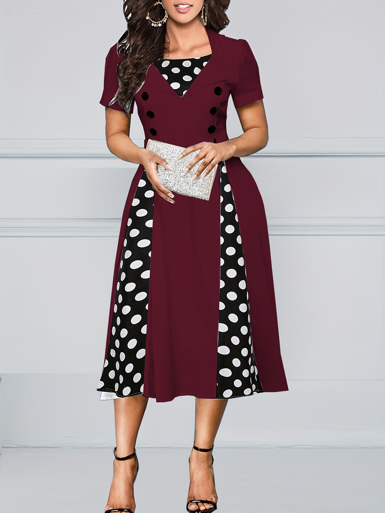 Polka Dot Color Block Button Dress, Elegant Short Sleeve Dress For Spring & Summ