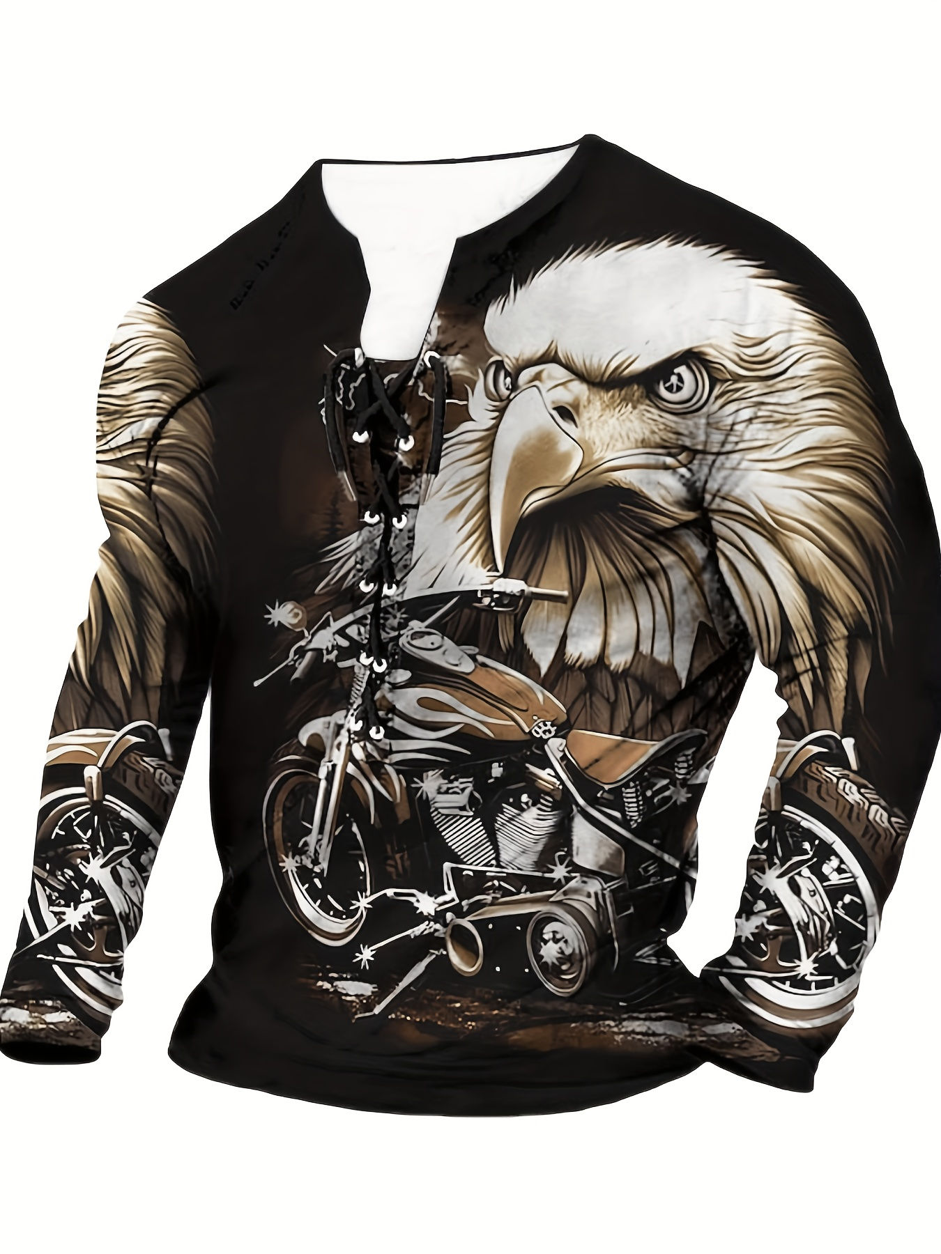 3D Eagle Pattern Print, Men's Graphic Design V Neck Long Sleeve Henley T-shirt T