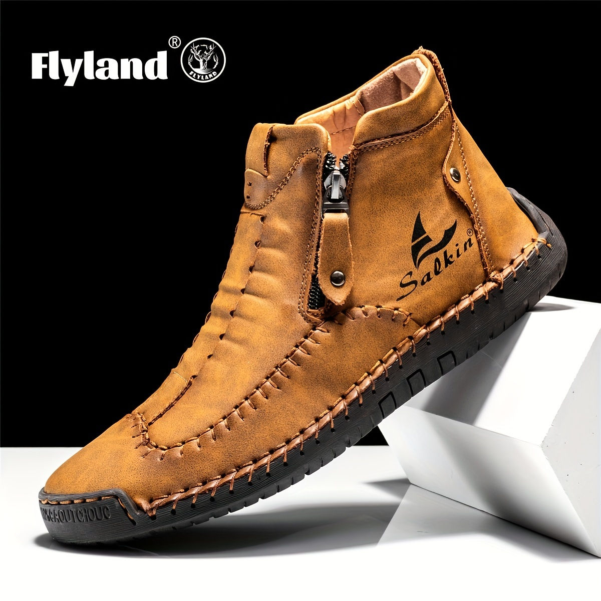 FLYLAND Men's Ankle Boots Vintage Style Comfortable Wear-resistant Non-slip Stit