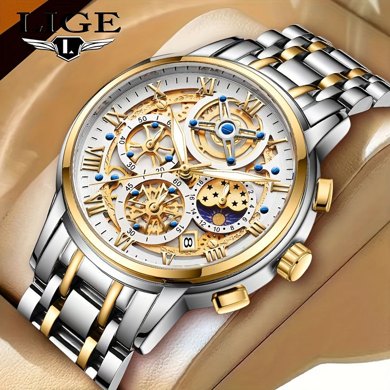 LIGE Noble Luxury Business men's Watch Stainless Steel Strap. Fashion Creative G